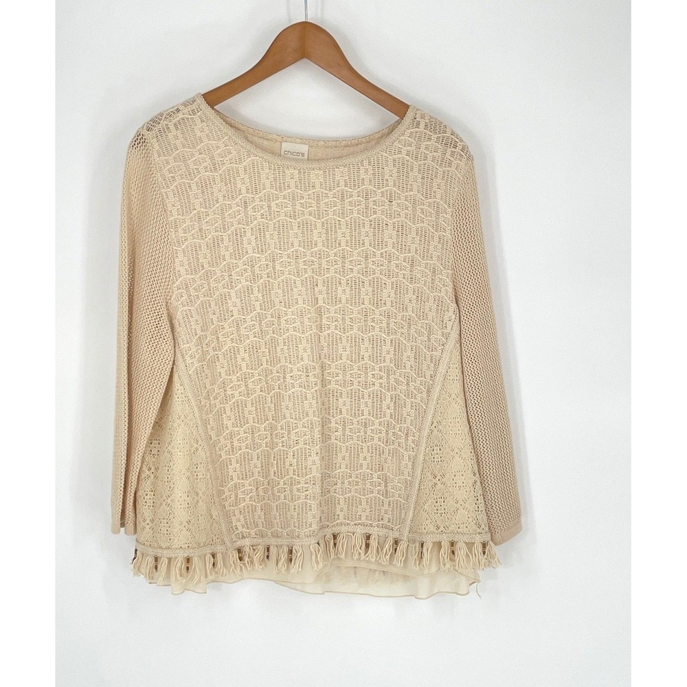 Chicos Womens Top Size 2 M/L Large Knit Beige Crochet Lace Fringe Beaded Boho